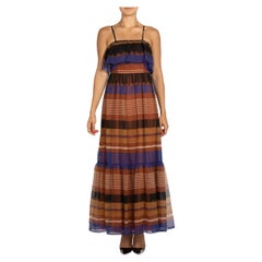1970S Blue & Brown Polyester Chiffon Geometric Print Dress