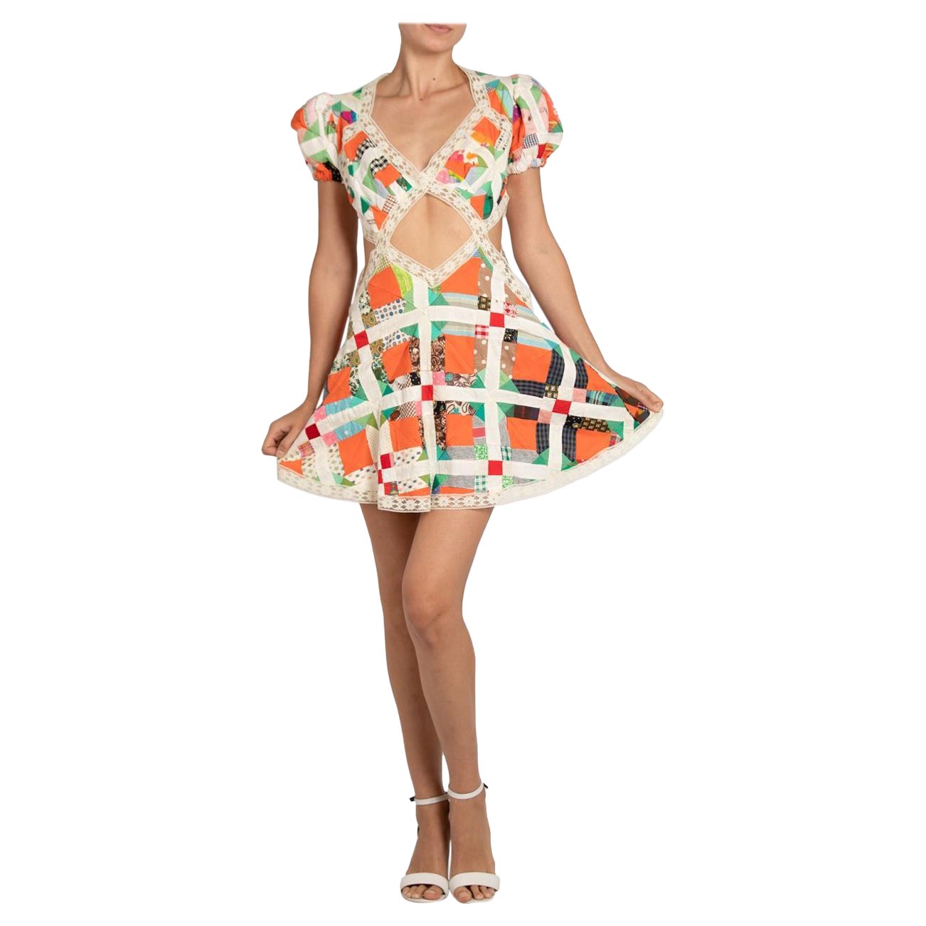 MORPHEW COLLECTION Orange Cotton & Vintage Lace Patchwork Quilt Dress For Sale