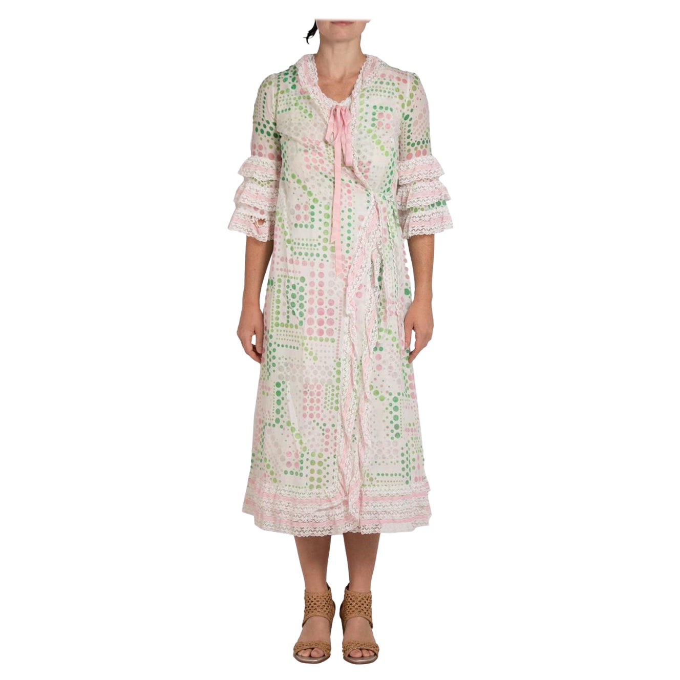 1960S Green & Pink Cotton Blend Negligee With Matching Robe For Sale