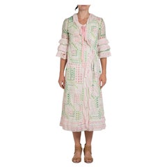 1960S Green & Pink Cotton Blend Negligee With Matching Robe