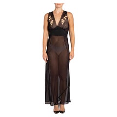 1940S Black Rayon Bias Cut With Flower Applique Negligee