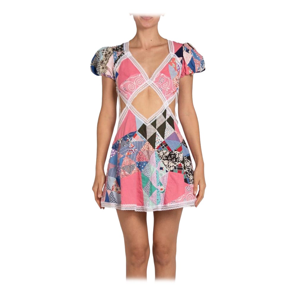 Morphew Collection Pink Cotton & Vintage Lace Patchwork Quilt Dress For Sale