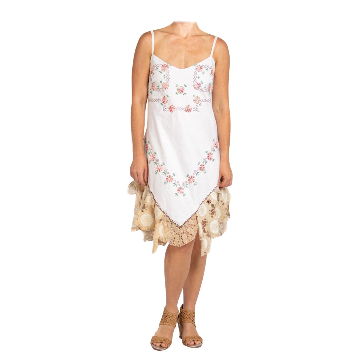 MORPHEW COLLECTION White & Pink Linen Vintage Hand Embroidered From France Dress For Sale