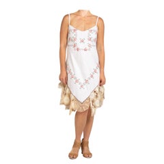 MORPHEW COLLECTION White & Pink Linen Vintage Hand Embroidered From France Dress
