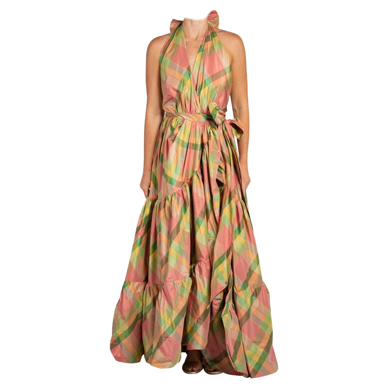 MORPHEW COLLECTION Pink & Green Silk Taffeta Plaid Gown For Sale