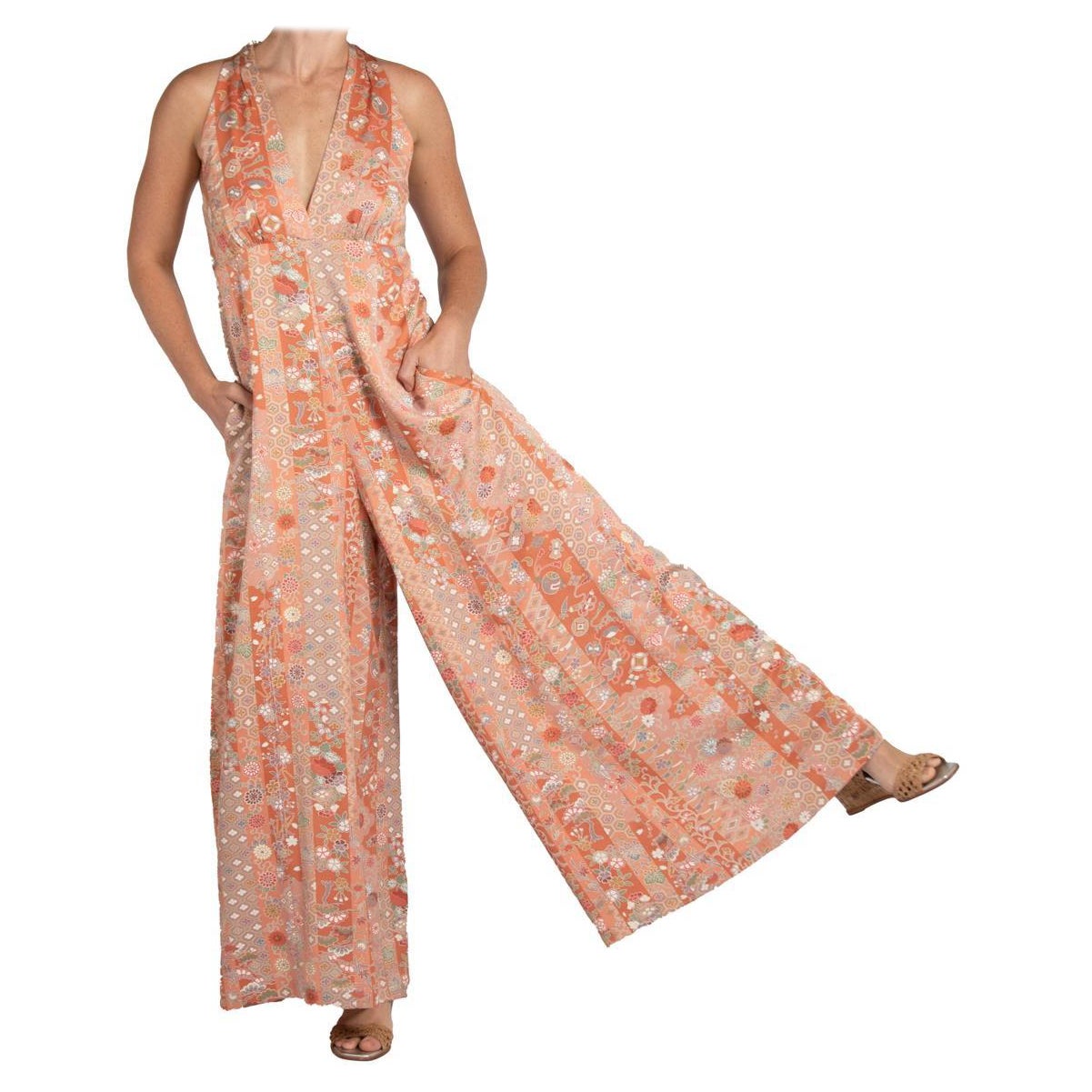 MORPHEW COLLECTION Copper Coral Japanese Kimono Silk M/L Jumpsuit For Sale