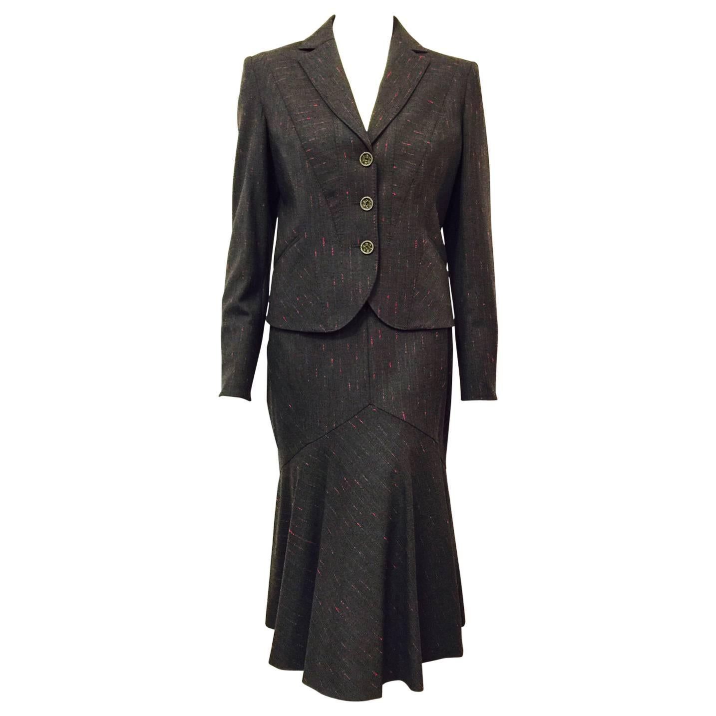 Luxurious Les Copains Charcoal Wool Skirt Suit With Fuchsia Stripes  For Sale