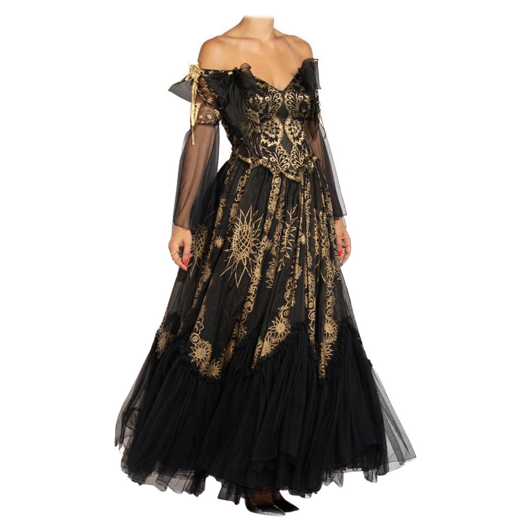 1980S ZANDRA RHODES Black & Gold Lace Ball Gown For Sale