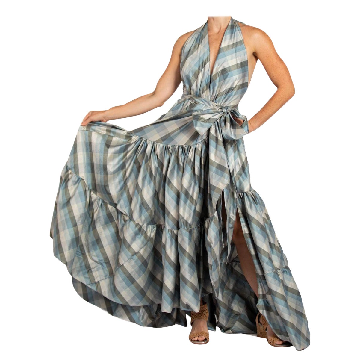 MORPHEW COLLECTION Blue & Gray Silk Taffeta Plaid Gown For Sale