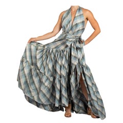 MORPHEW COLLECTION Blue & Gray Silk Taffeta Plaid Gown