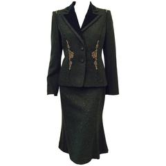 Les Copains Luxurious Forest Green Wool Tweed Skirt Suit With Passementerie Trim 6