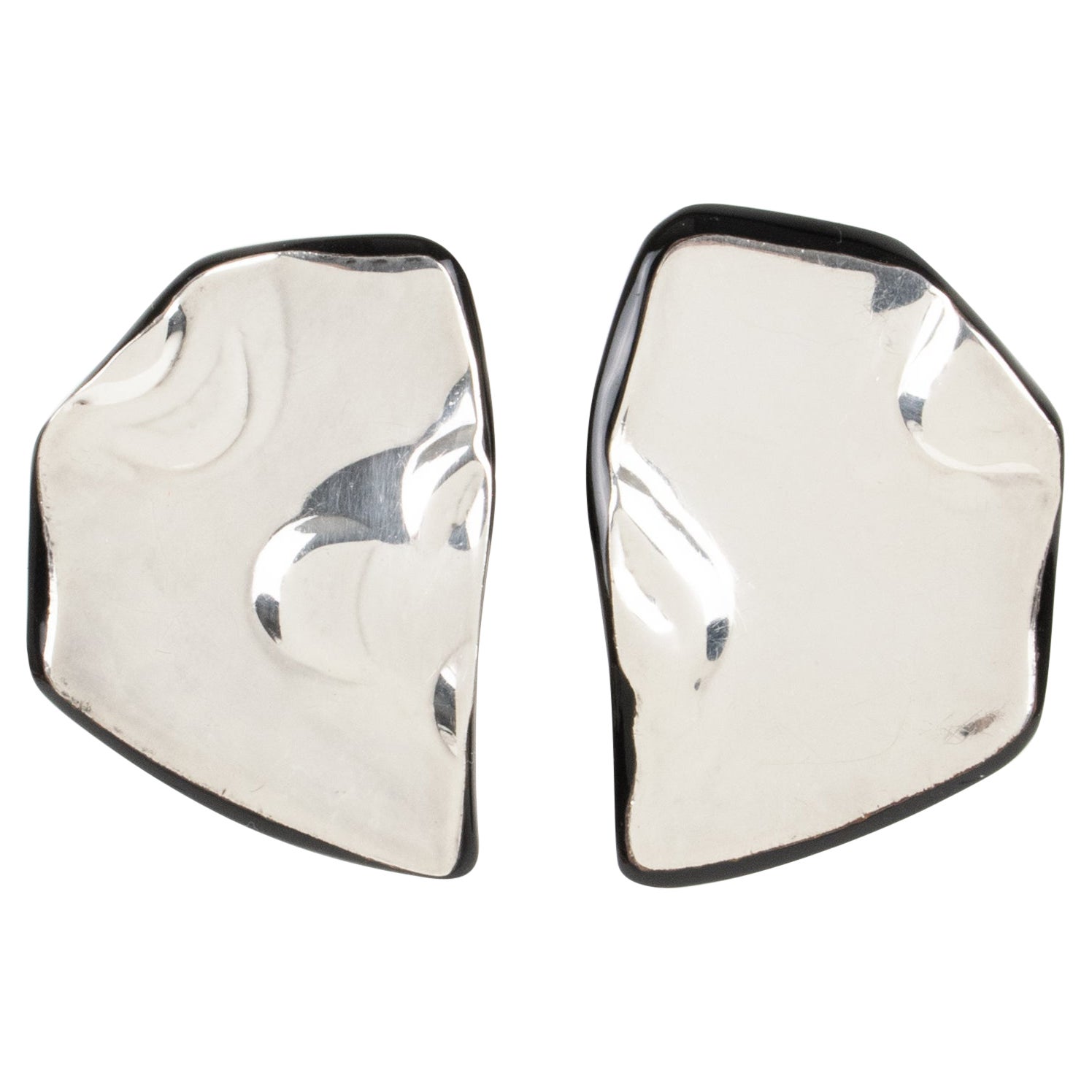 Anne and Frank Vigneri Black Lucite and Sterling Silver Clip Earrings
