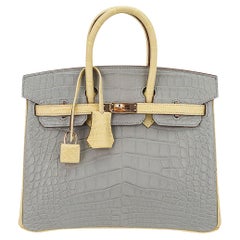 Hermes Birkin 25 HSS Gris Perle w Vanille Matte Alligator Bag Rose Gold Hardware