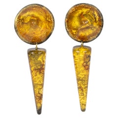 Vintage Marc Labat Paris Resin Dangle Clip Earrings Gold Dust Inclusions