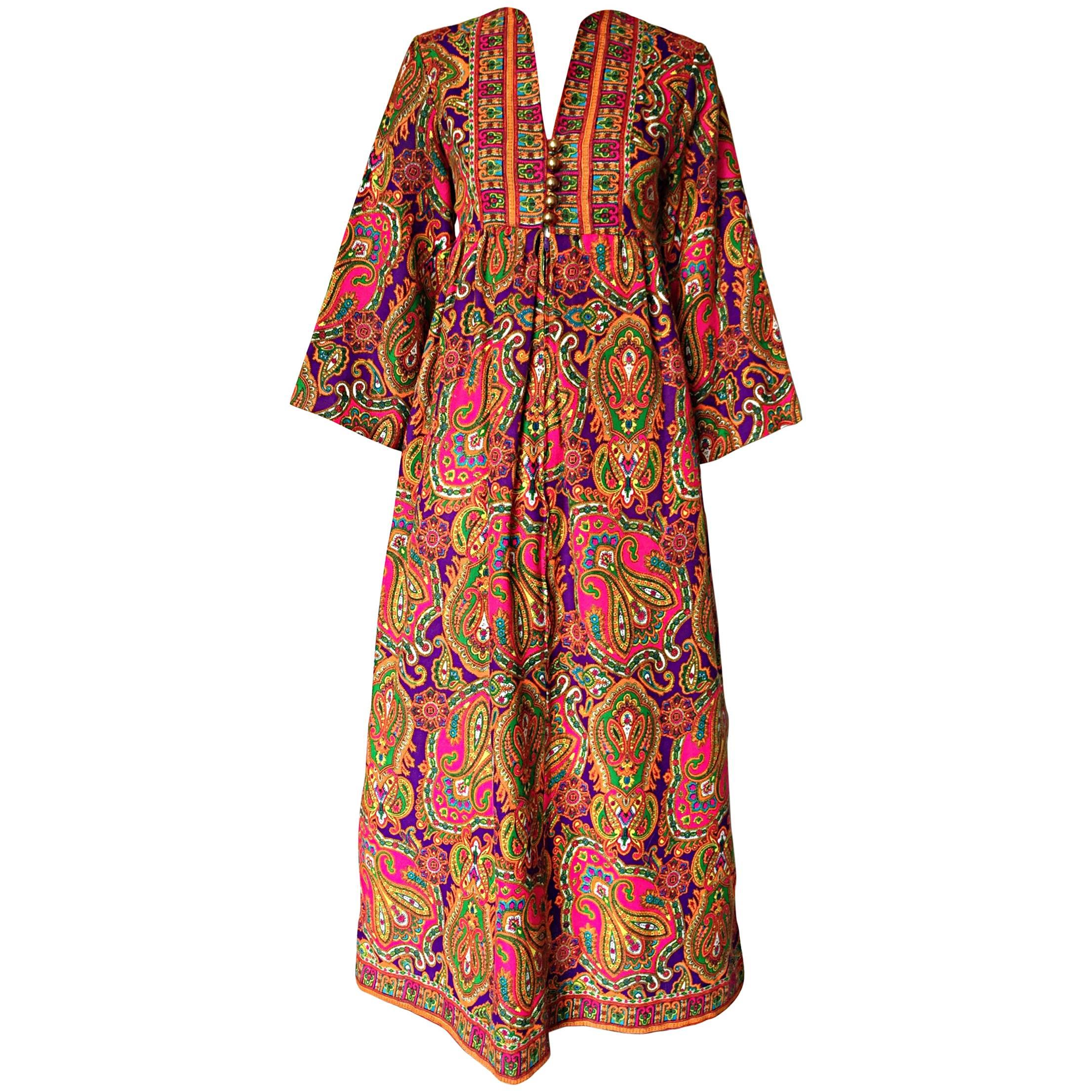 Vintage Joseph Magnin 1970s Psychedelic Paisley 70s Colorful Caftan Maxi Dress
