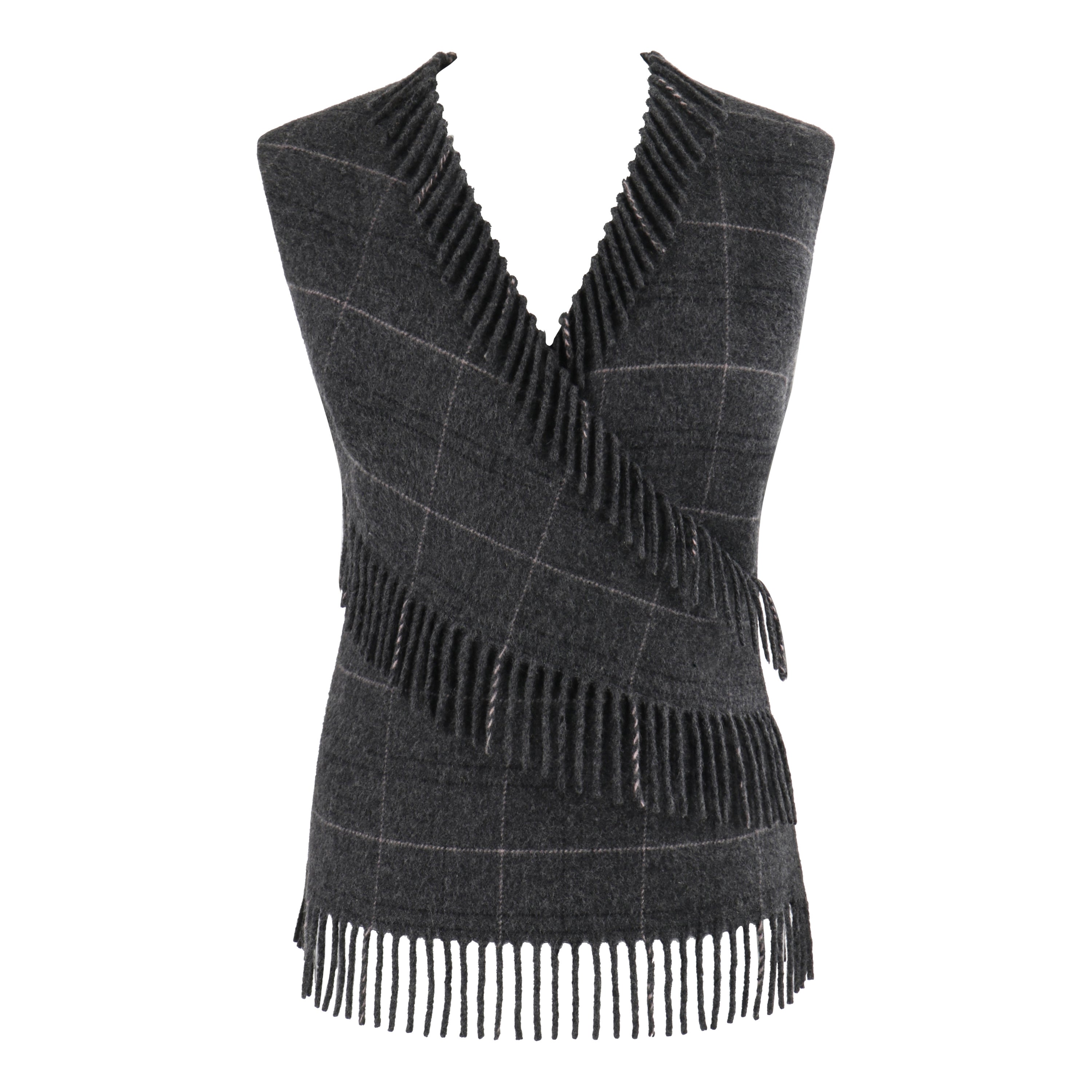 ALEXANDER McQUEEN F/W 1999 Gray Wool Plaid Wrap Fringe Sleeveless Vest Knit Top For Sale
