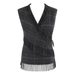ALEXANDER McQUEEN F/W 1999 Gray Wool Plaid Wrap Fringe Sleeveless Vest Knit Top