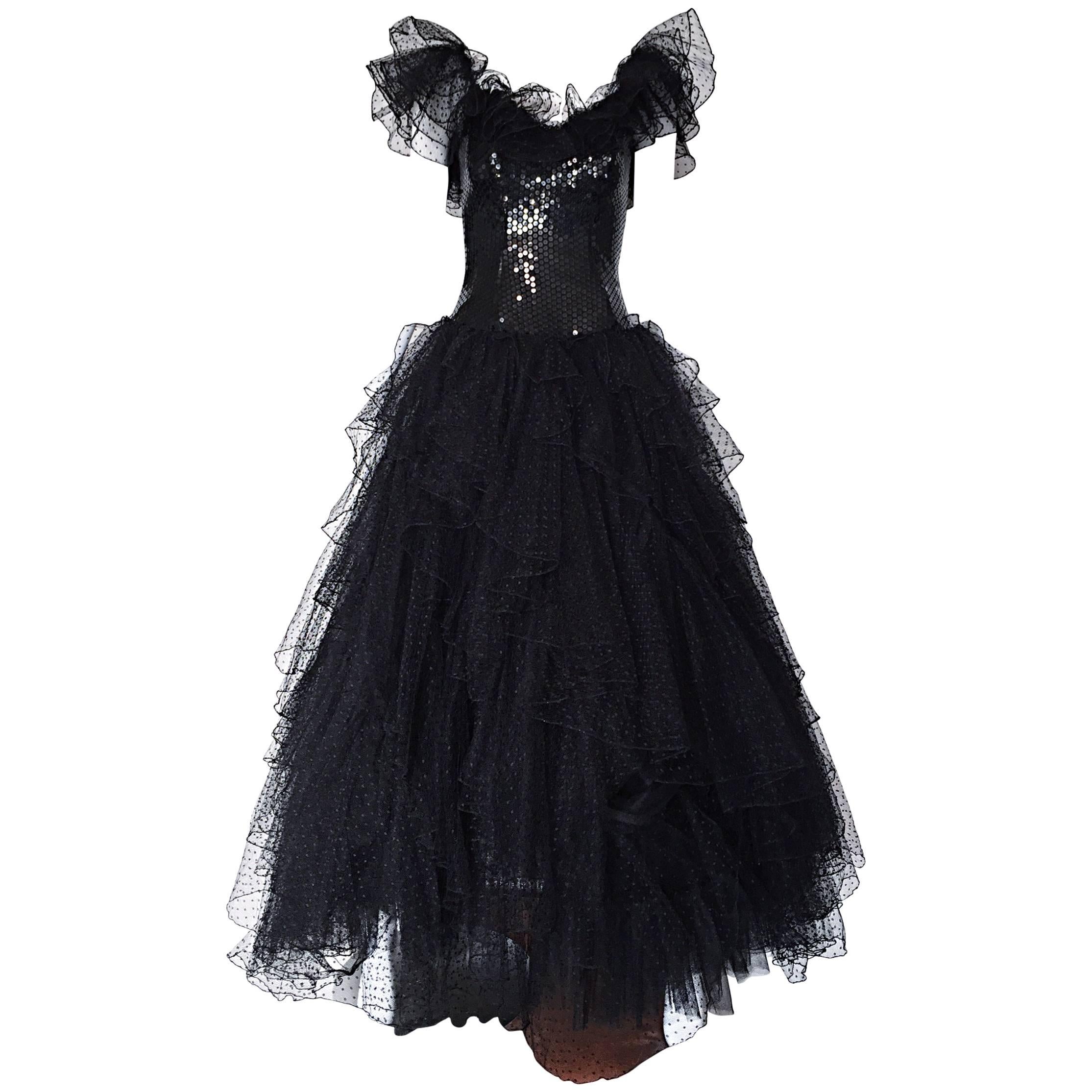 Incredible Vintage David Fielden 80s Black Silk Sequin Tulle British Ball Gown  For Sale