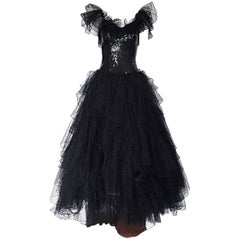 Incroyable robe de bal britannique vintage David Fielden des années 80 en soie noire à paillettes et tulle