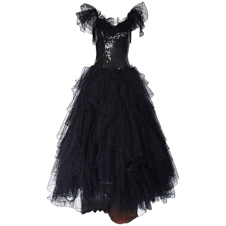 Incredible Vintage David Fielden 80s Black Silk Sequin Tulle British Ball  Gown For Sale at 1stDibs | vintage black gown, black ball gown tulle, vintage  black ball gown