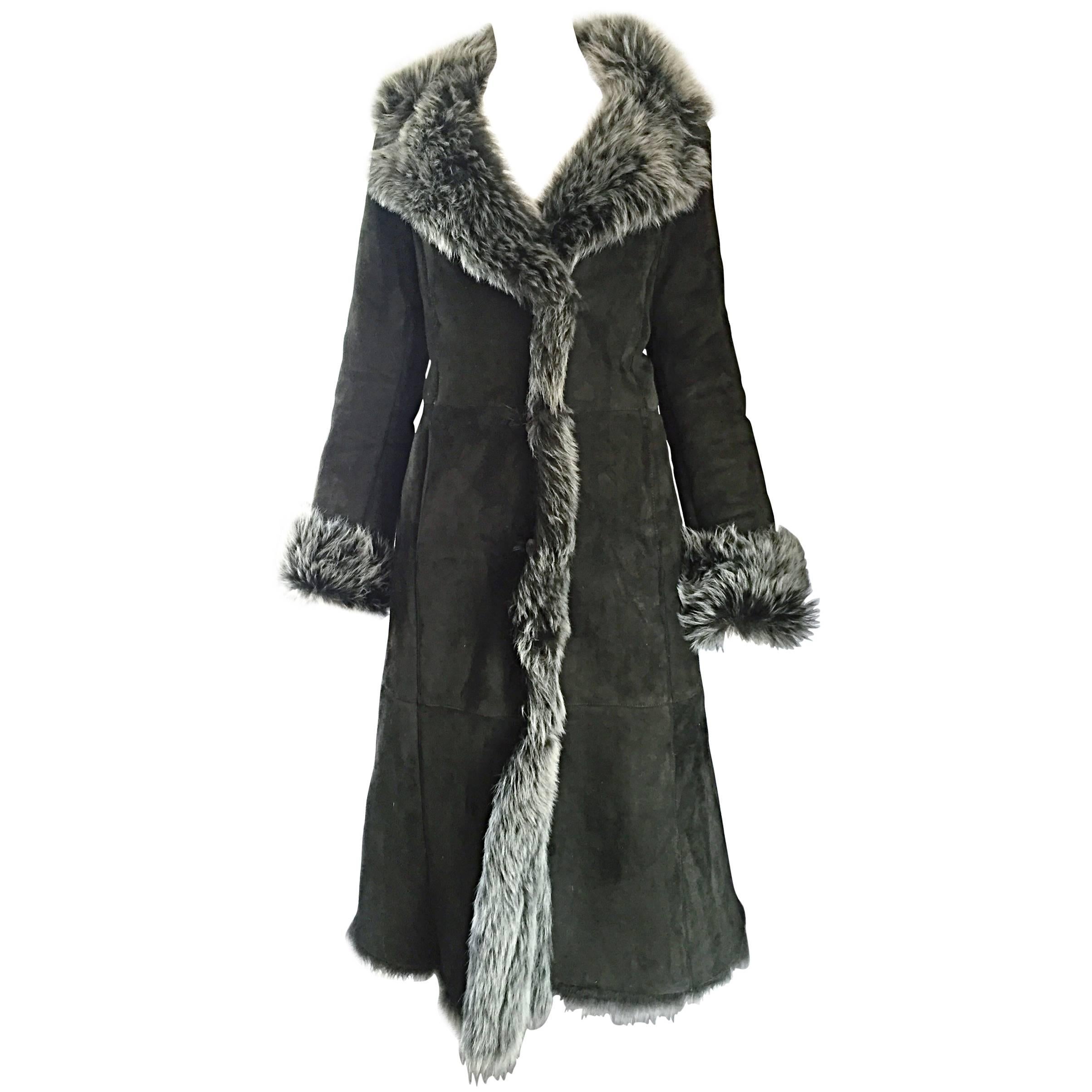 Manteau vintage italien chasseur forêt vert cuir d'agneau, peau de mouton et fourrure en vente