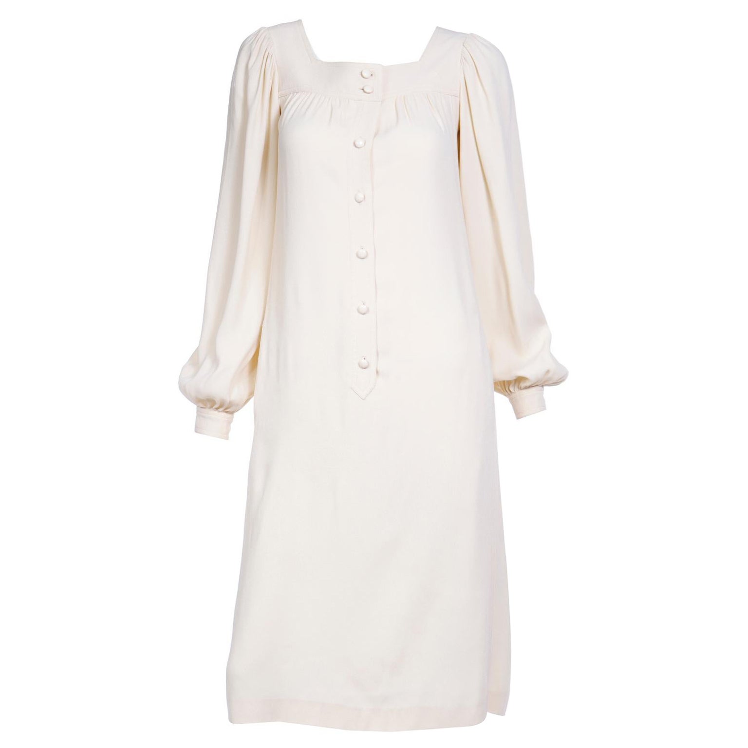 Vintage Yves Saint Laurent Neutral Beige Jersey Dress w Bishop Sleeves For Sale