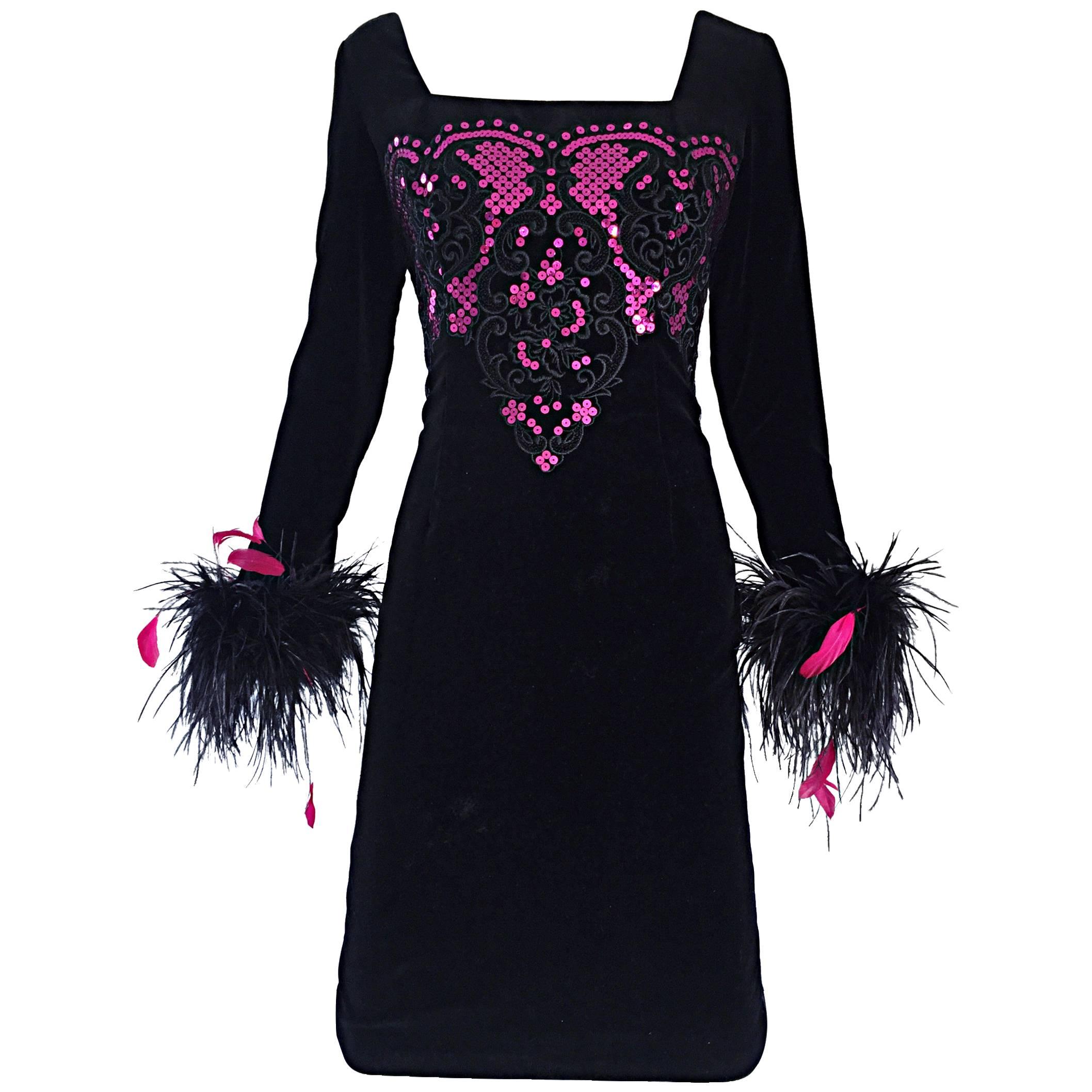 Albert Nipon for I Magnin Vintage Black and Pink Sequin Ostrich Feather Dress