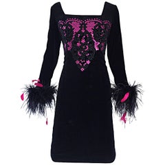 Albert Nipon for I Magnin Retro Black and Pink Sequin Ostrich Feather Dress