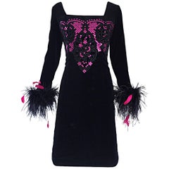 Albert Nipon pour I Magnin Robe vintage noire et rose à sequins en plumes d'autruche