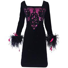 Albert Nipon for I Magnin Vintage Black and Pink Sequin Ostrich Feather Dress 1