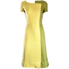 Vintage Luis Estevez 1960s Yellow and Lime Green Color Block 60s Wiggle Dress