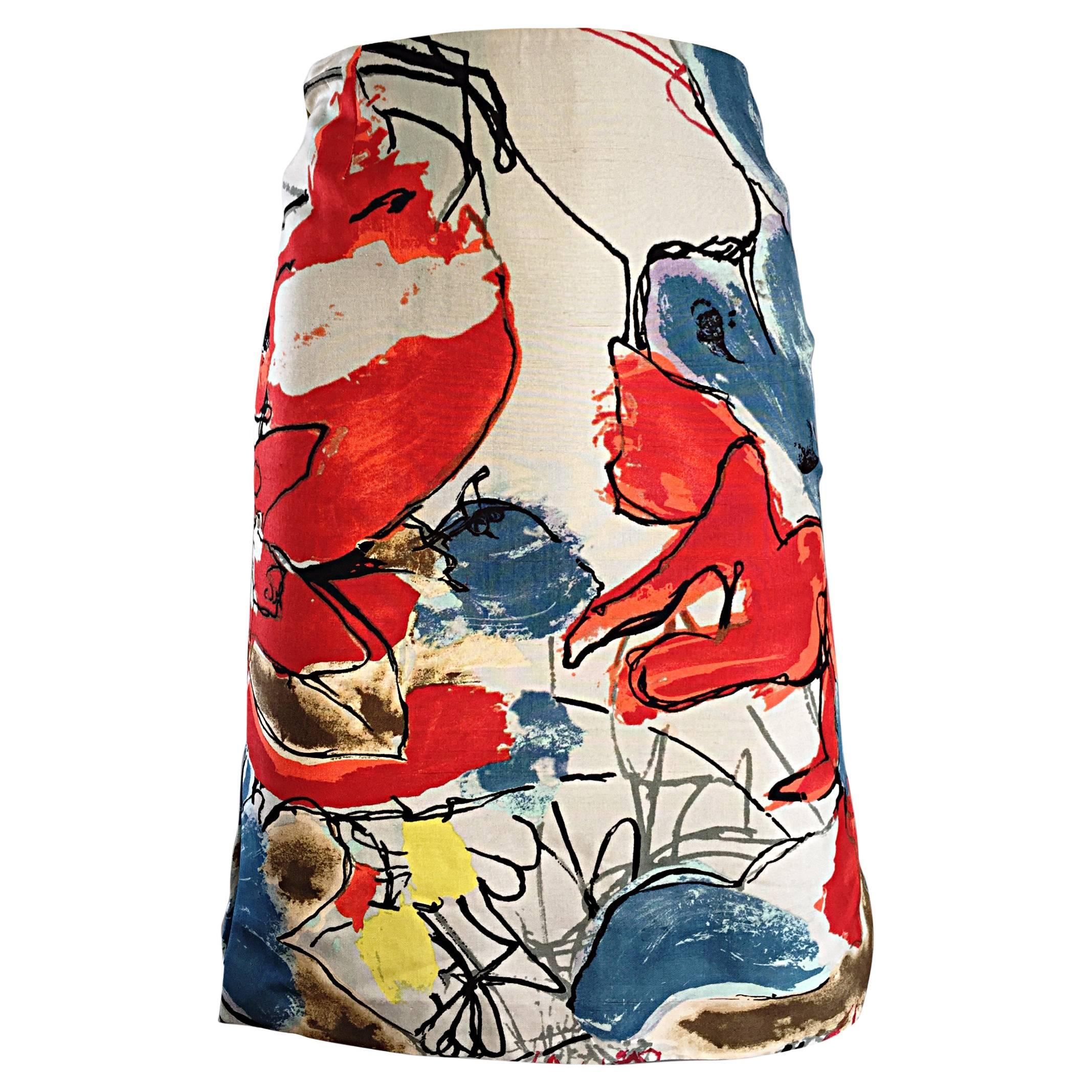 Christian Lacroix Vintage High Waisted Abstract 1990s Silk Mini Pencil Skirt 