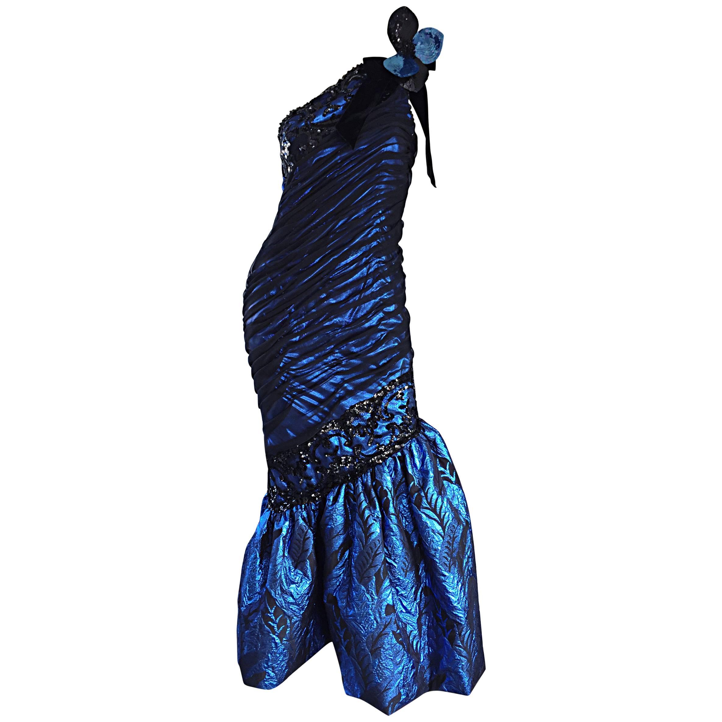Vintage Ann Lawrence Blue + Black Silk Chiffon One Shoulder Beaded Mermaid Gown For Sale