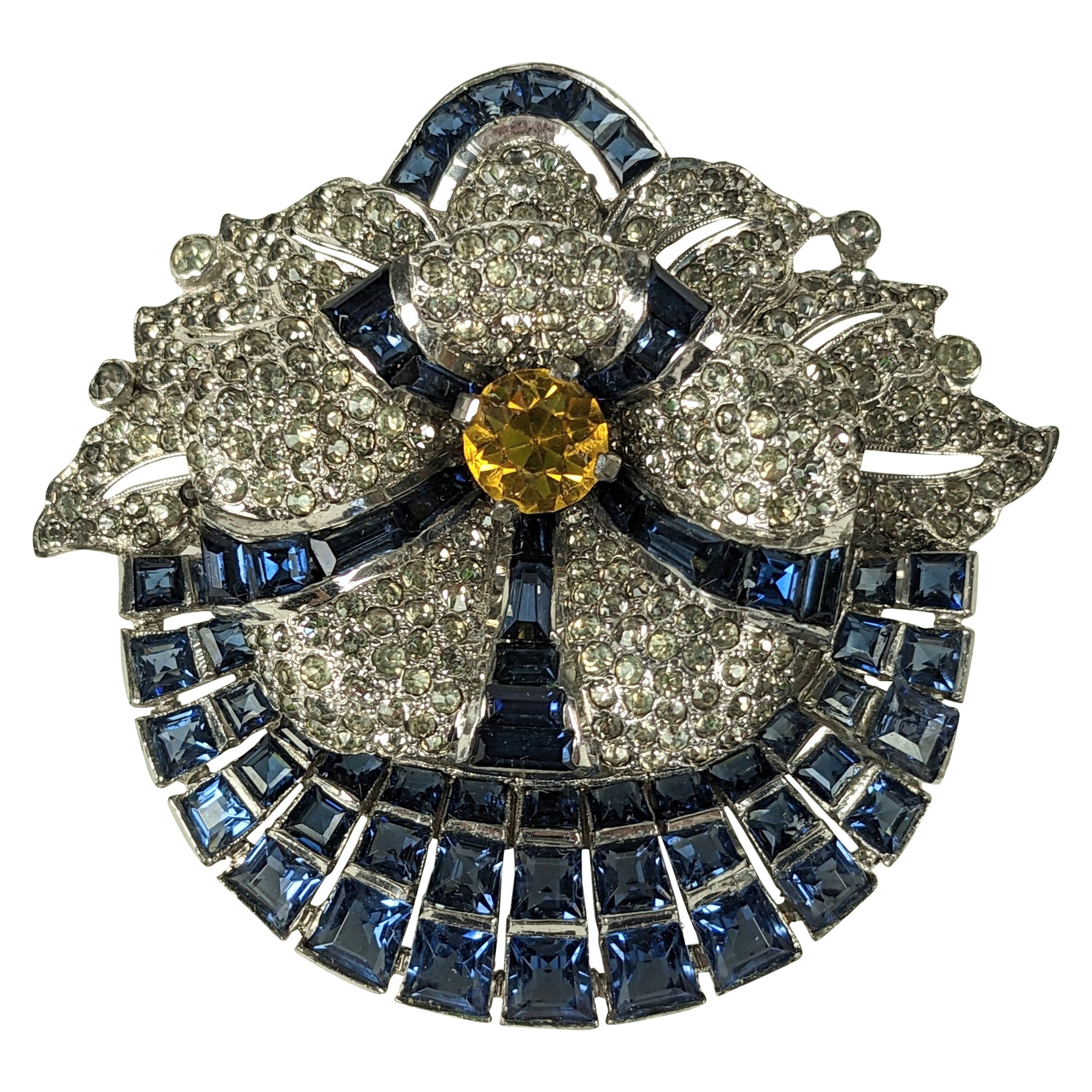 Art Deco Calibre Set Sapphire Flower Clip For Sale