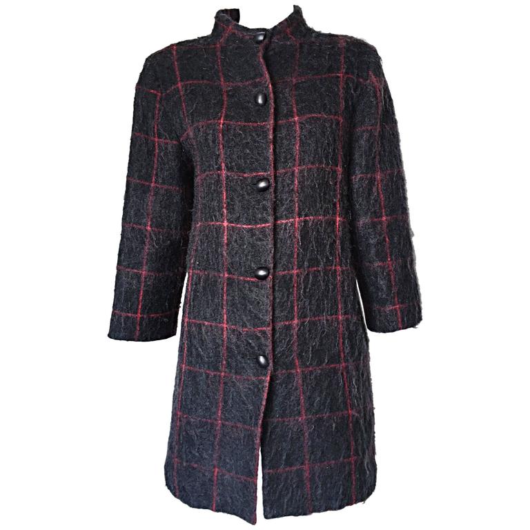 Vintage Geoffrey Beene Beene Bag Grey + Red Plaid Mohair Wool Swing Jacket Coat For Sale at 1stdibs