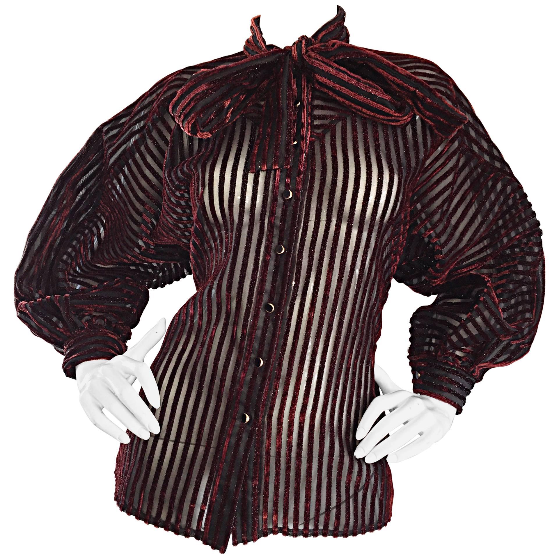 Vintage Nina Ricci Couture Black + Burgundy Silk Cut - Out Semi Sheer Blouse 
