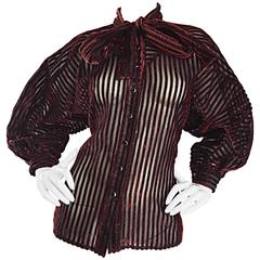 Vintage Nina Ricci Couture Black + Burgundy Silk Cut - Out Semi Sheer Blouse