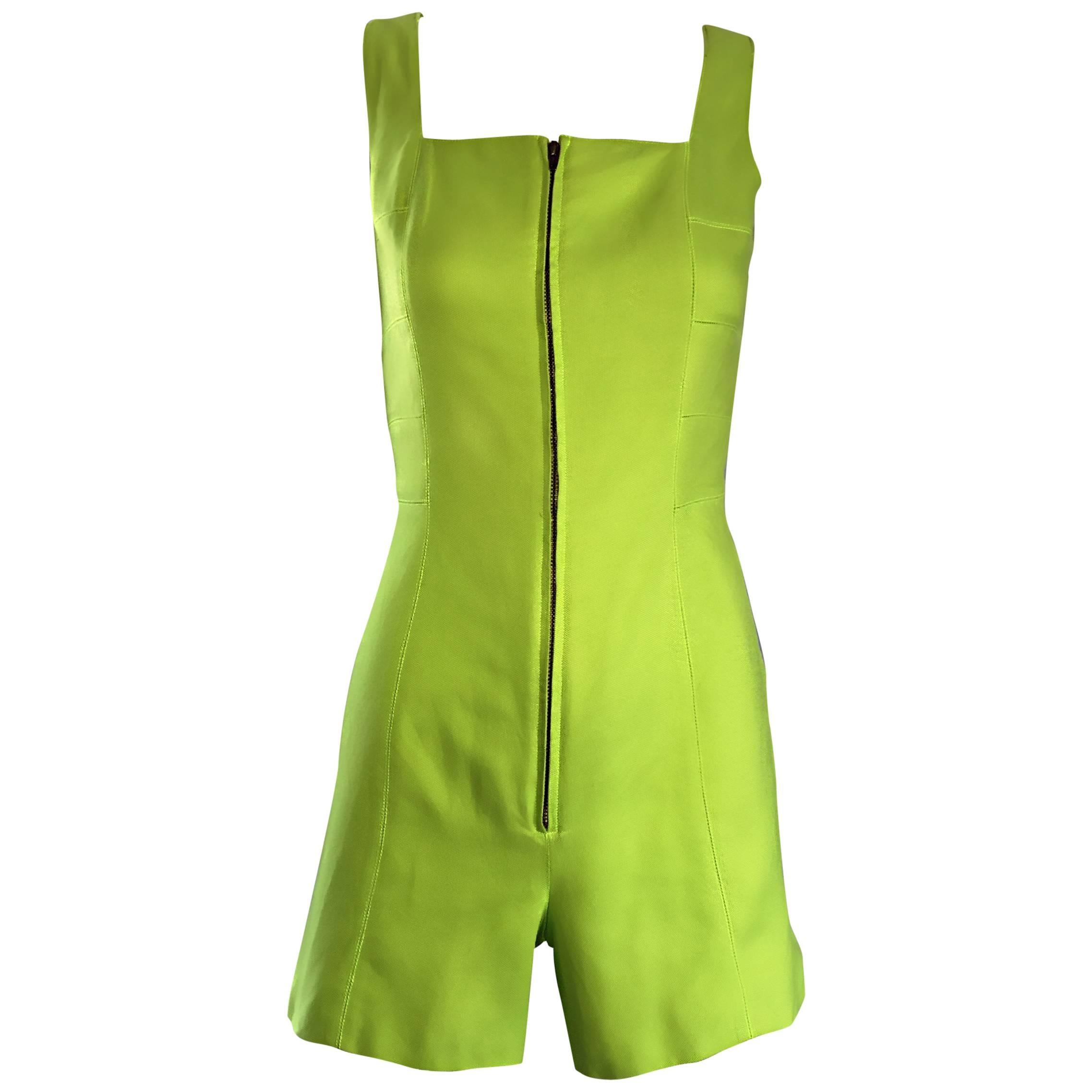 Rare Vintage Claude Montana Neon Green Linen + Cotton Romper Jumpsuit Onesie 