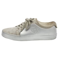 Chanel Grey/Silver Suede and Leather Low Top Sneakers Size 38