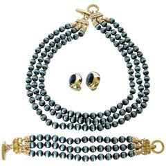 St John Triple Strand Glass Stone Necklace + Bracelet + Earrings Set Parure 3