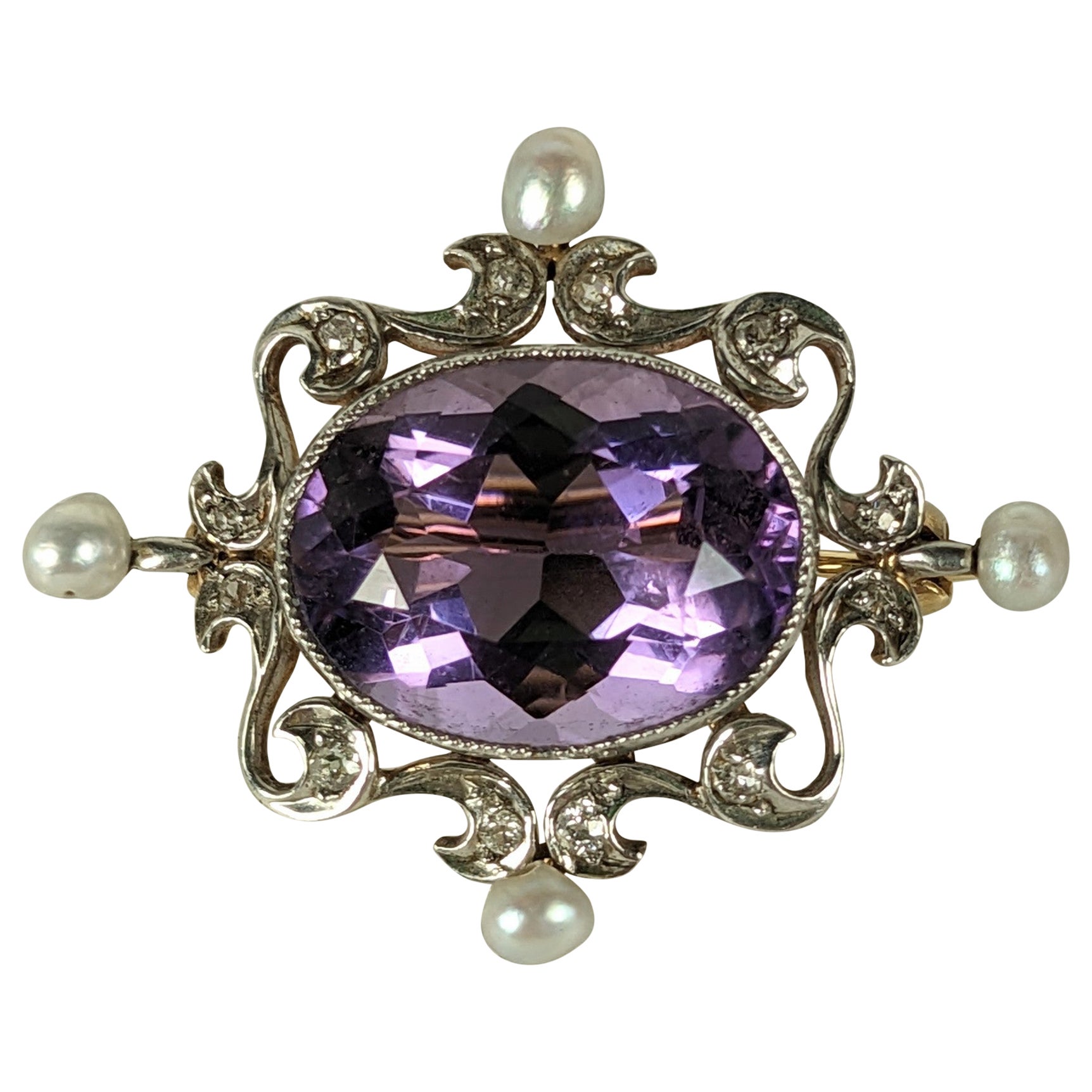 Edwardian Amythest, Diamond and Pearl Brooch For Sale