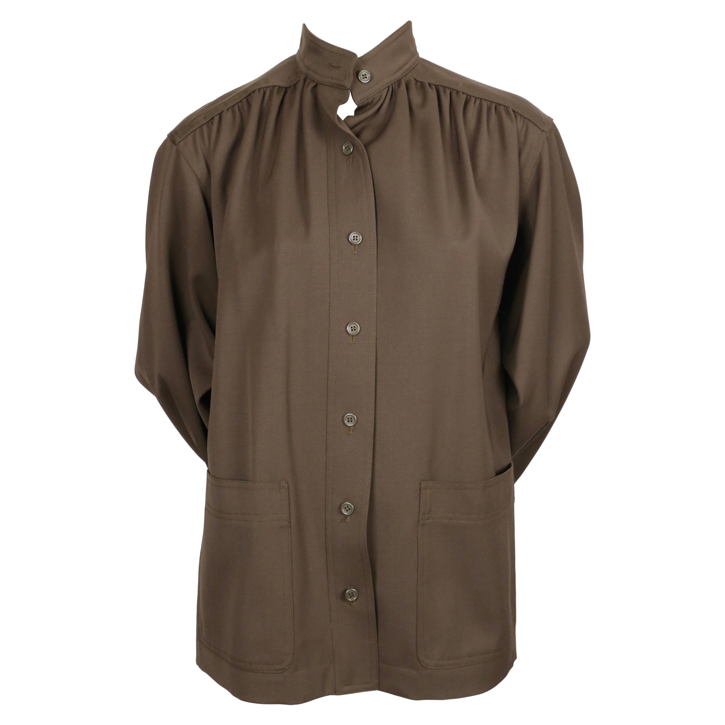 1970's SAINT LAURENT wool gabardine jacket with patch pockets & shoulder pleats
