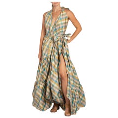 Used MORPHEW COLLECTION Cream & Blue Silk Taffeta Plaid Gown