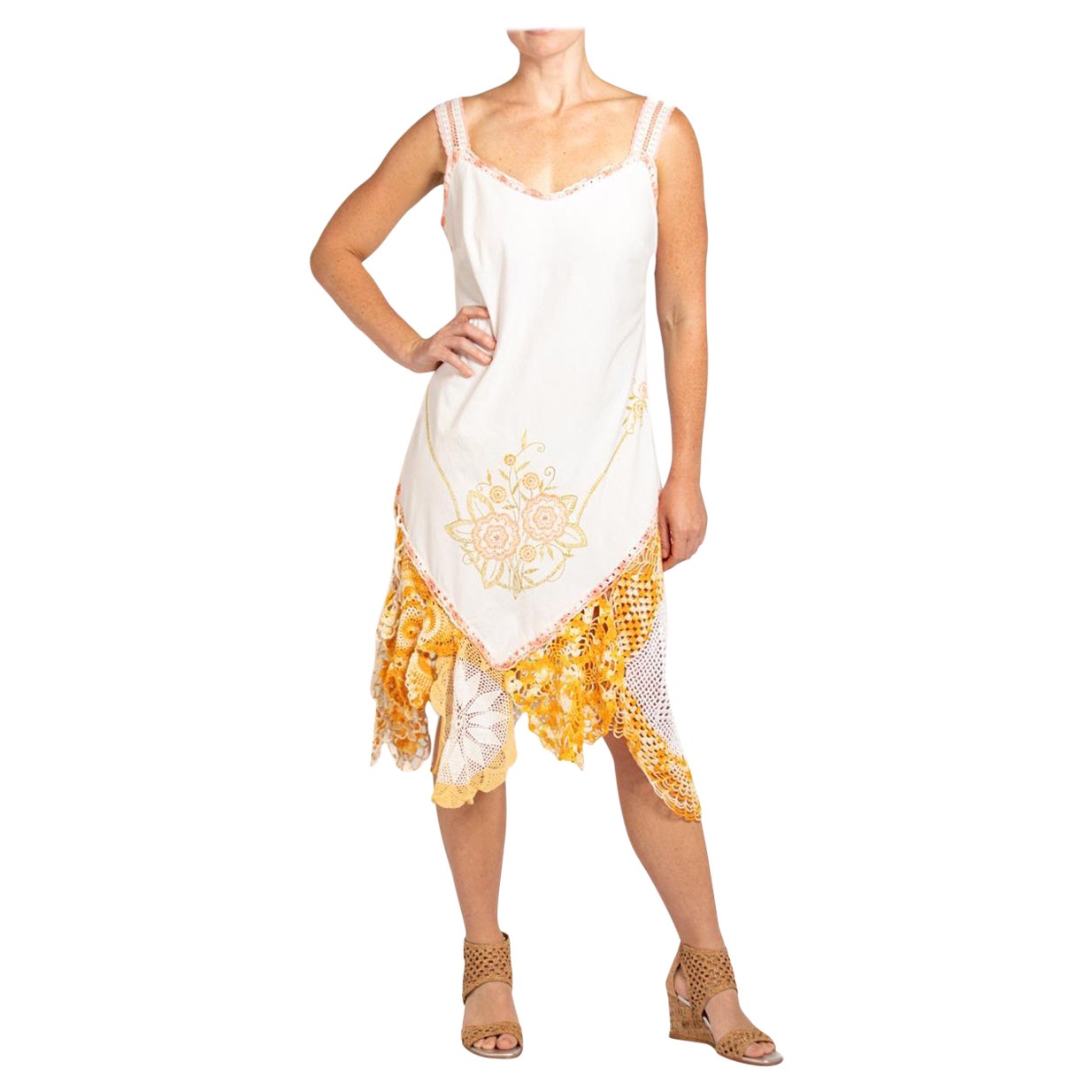 MORPHEW COLLECTION White  & Orange Cotton Blend With Handmade Crochet Dress For Sale