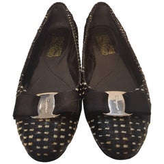 Salvatore Ferragamo black and white raffia ballerinas