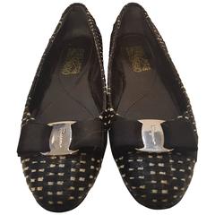 Salvatore Ferragamo black and white raffia ballerinas 1