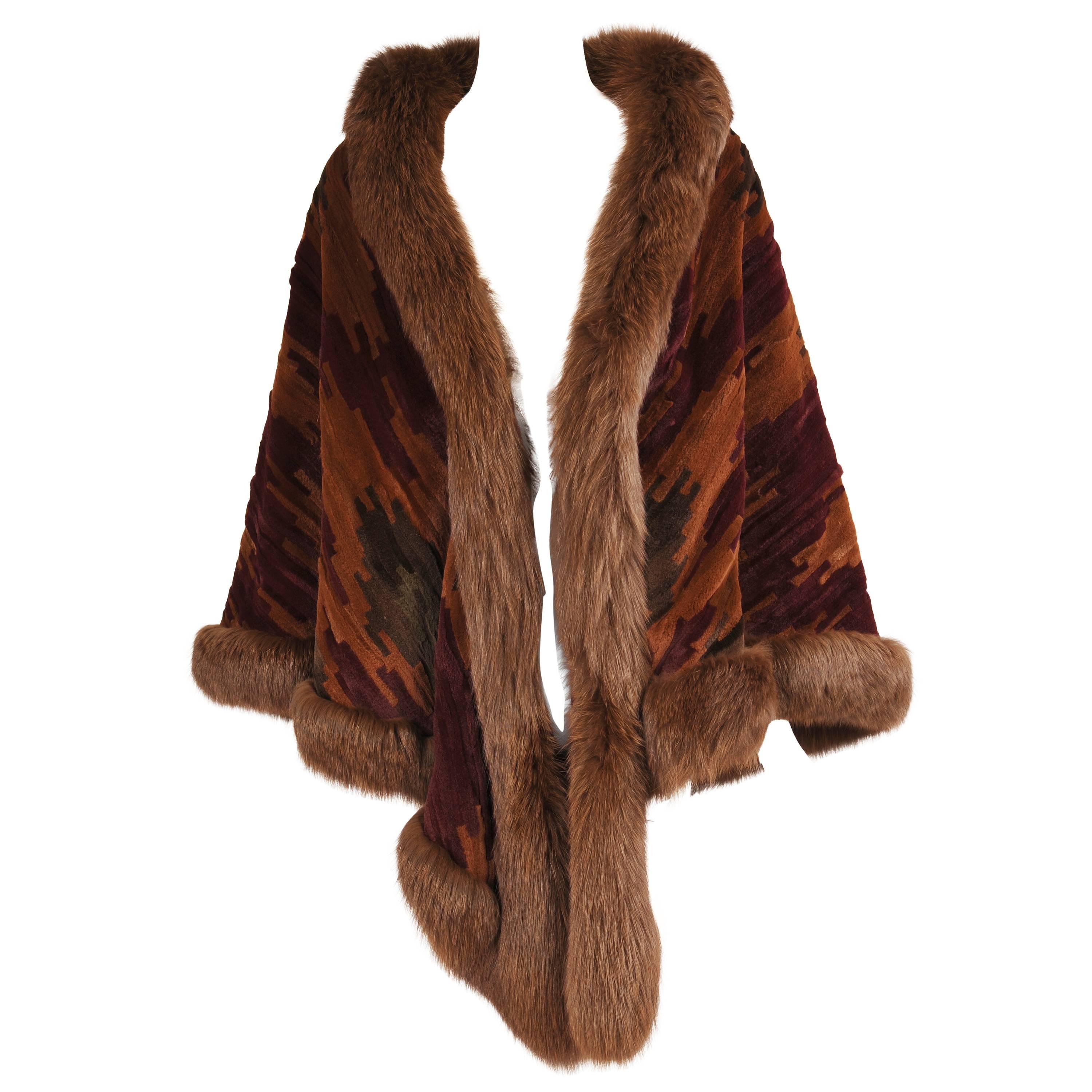 Oscar de la Renta Sheared Patterned Mink Wrap with Fox Fur Trim