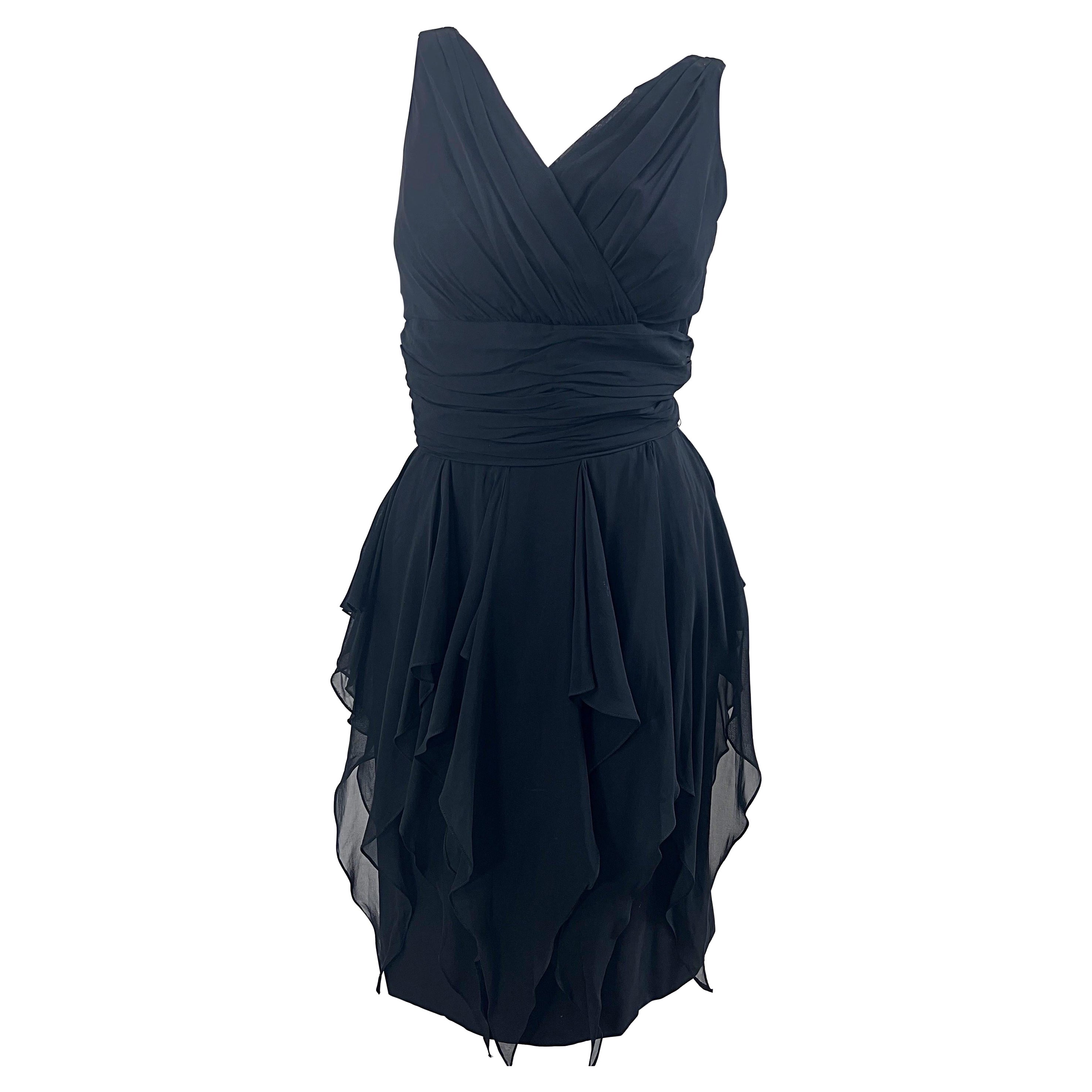 1950er Demi Couture Schwarzes Chiffon-Handtasche/Wasserfall-Paneel Vintage 50er Jahre Kleid im Angebot