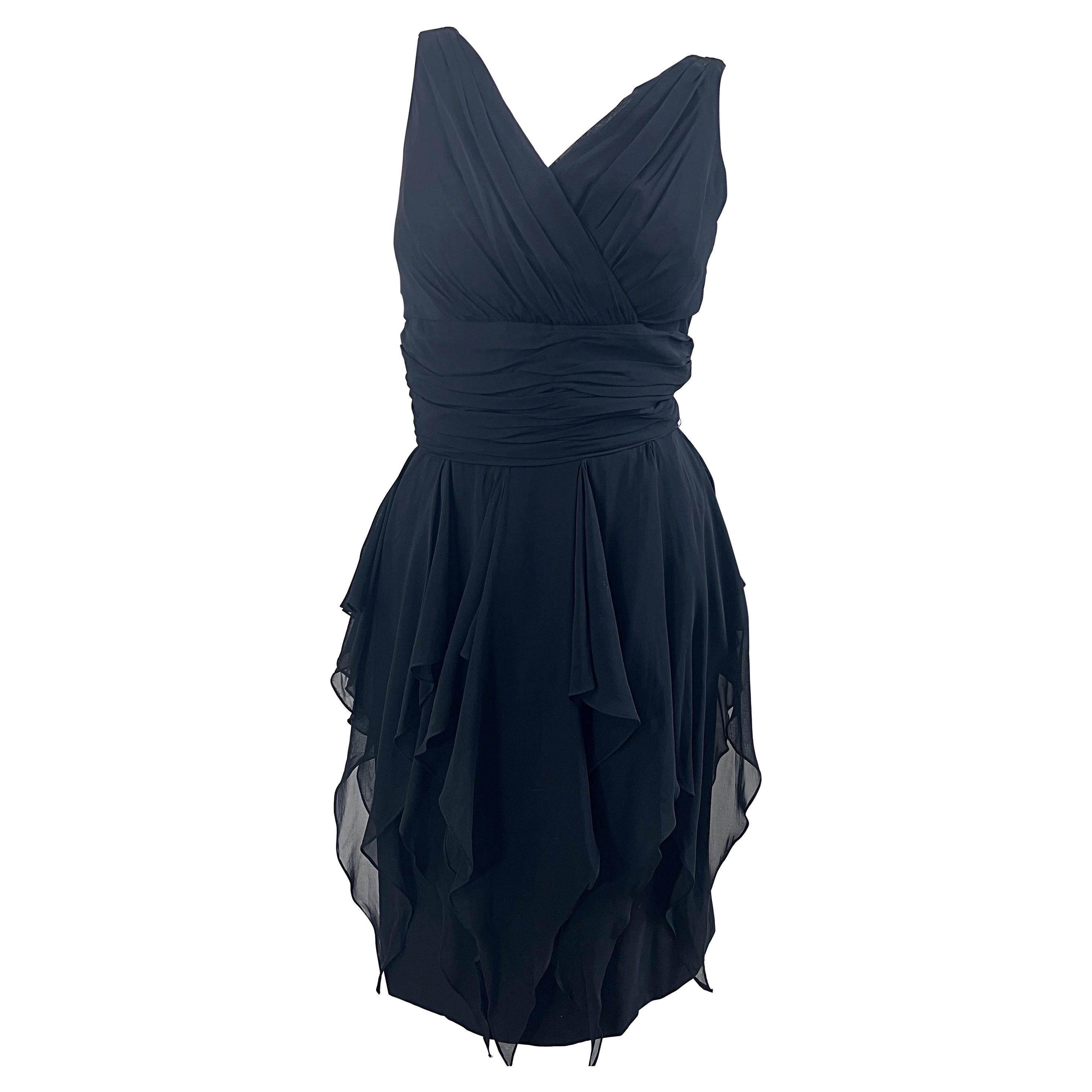 1950s Demi Couture Nero Fazzoletto di chiffon Pannello a cascata Vintage 50s Dress in vendita