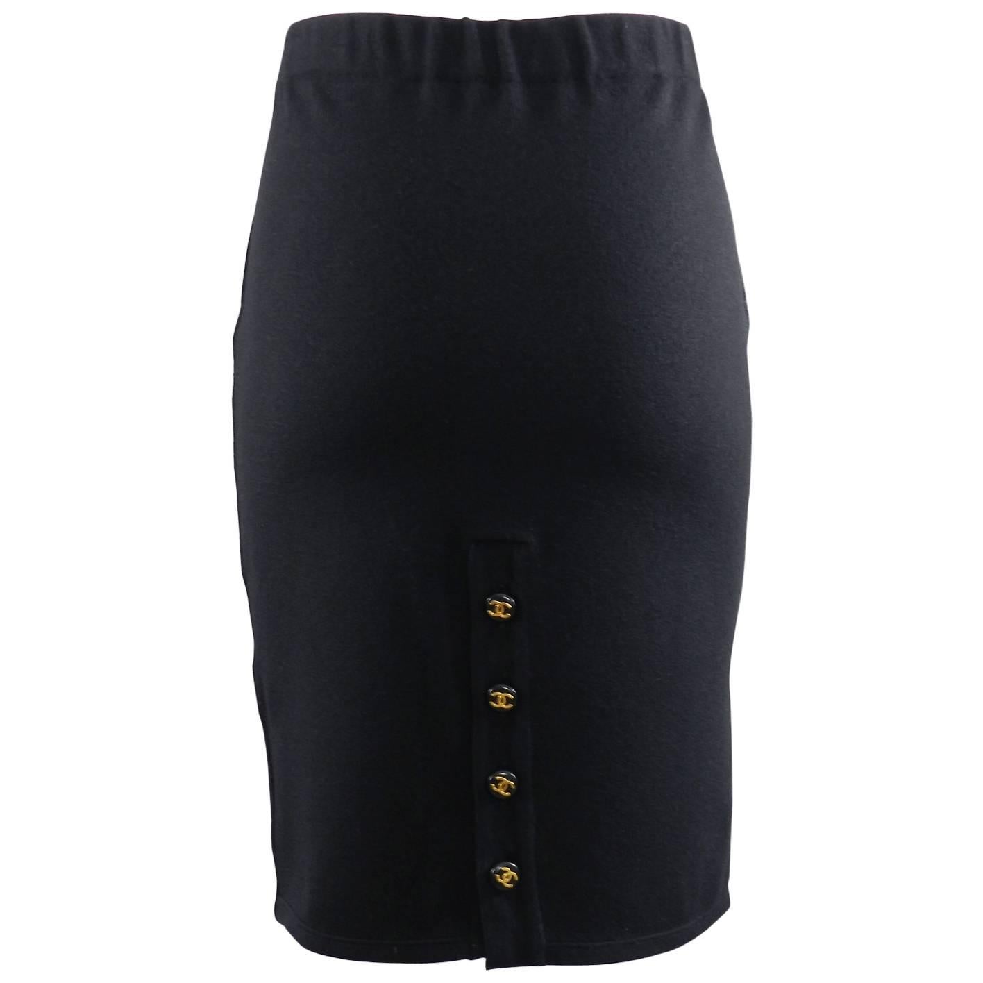 Chanel black knit jersey tube skirt with CC buttons